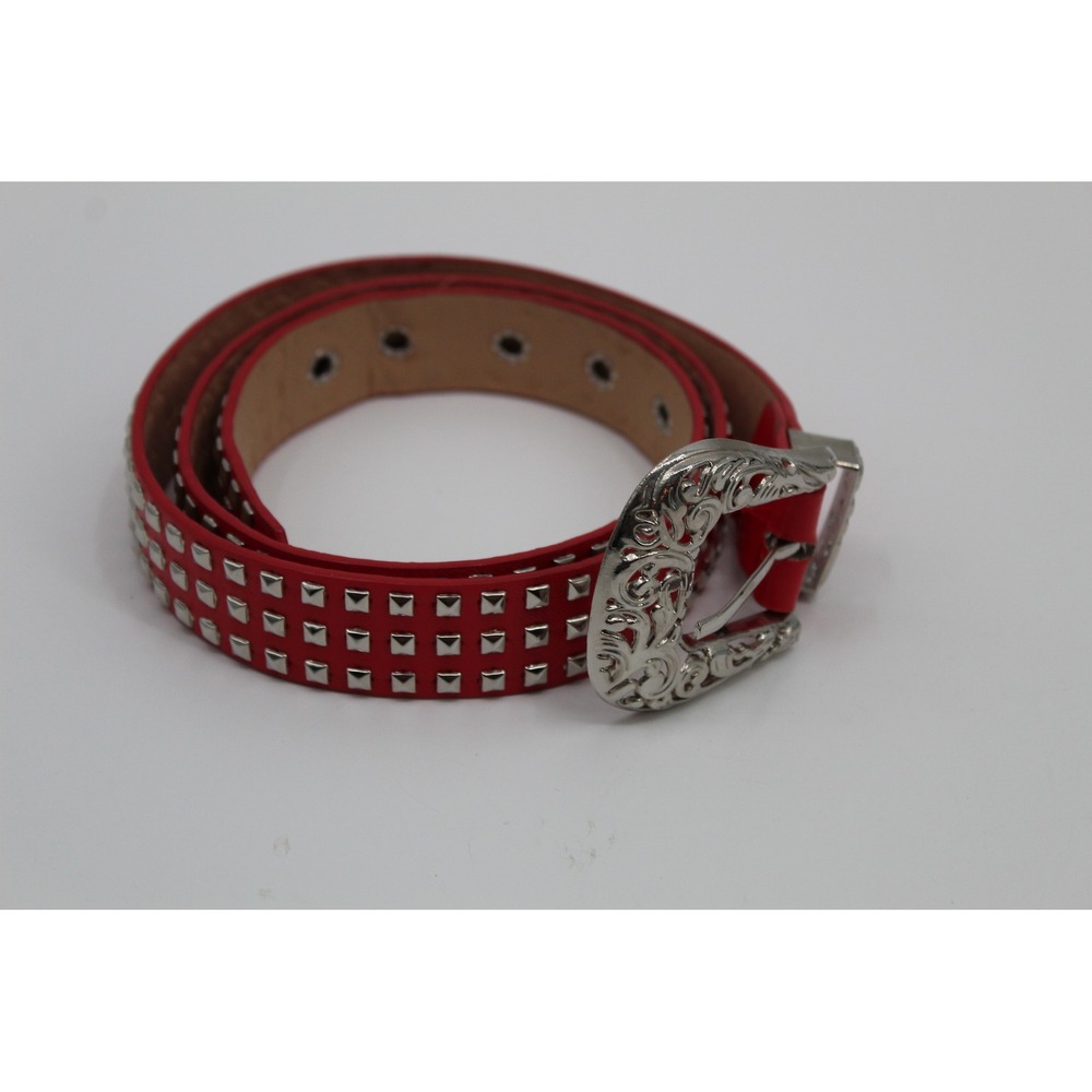 Red Triple Row Pyramid Studded Belt Western Engraved Buckle Punk Rock Edgy Women